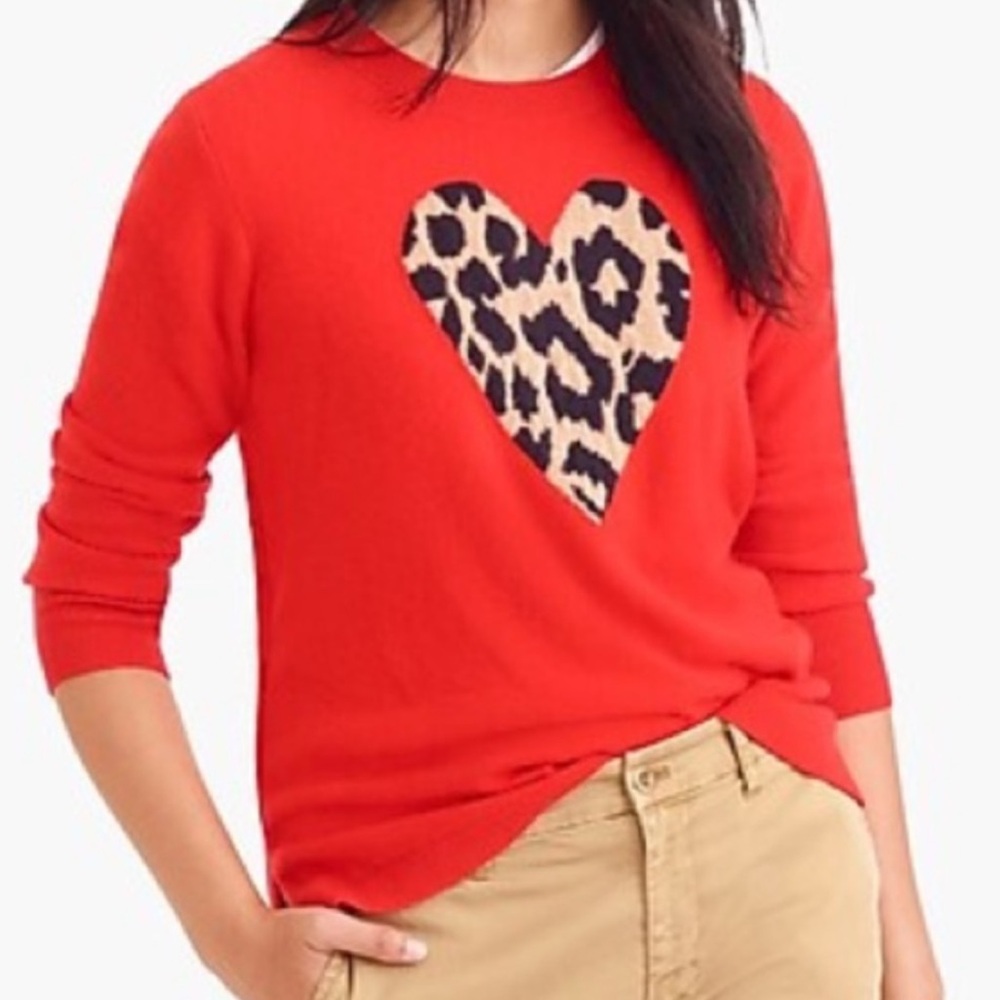 J. CREW 100% Cashmere Crewneck Sweater Red Leopard Print Heart 3/4 Sleeve XS